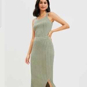 LOFT Sage Green Ribbed Midi Skirt and Top Set